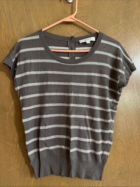 LOFT Taupe and Silver Striped Short Sleeve Knit Top